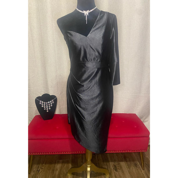 Classy Sexy Blk Aidan By Adrianna Papell Womens One Shoulder Sheath Black Dress - Picture 1 of 12